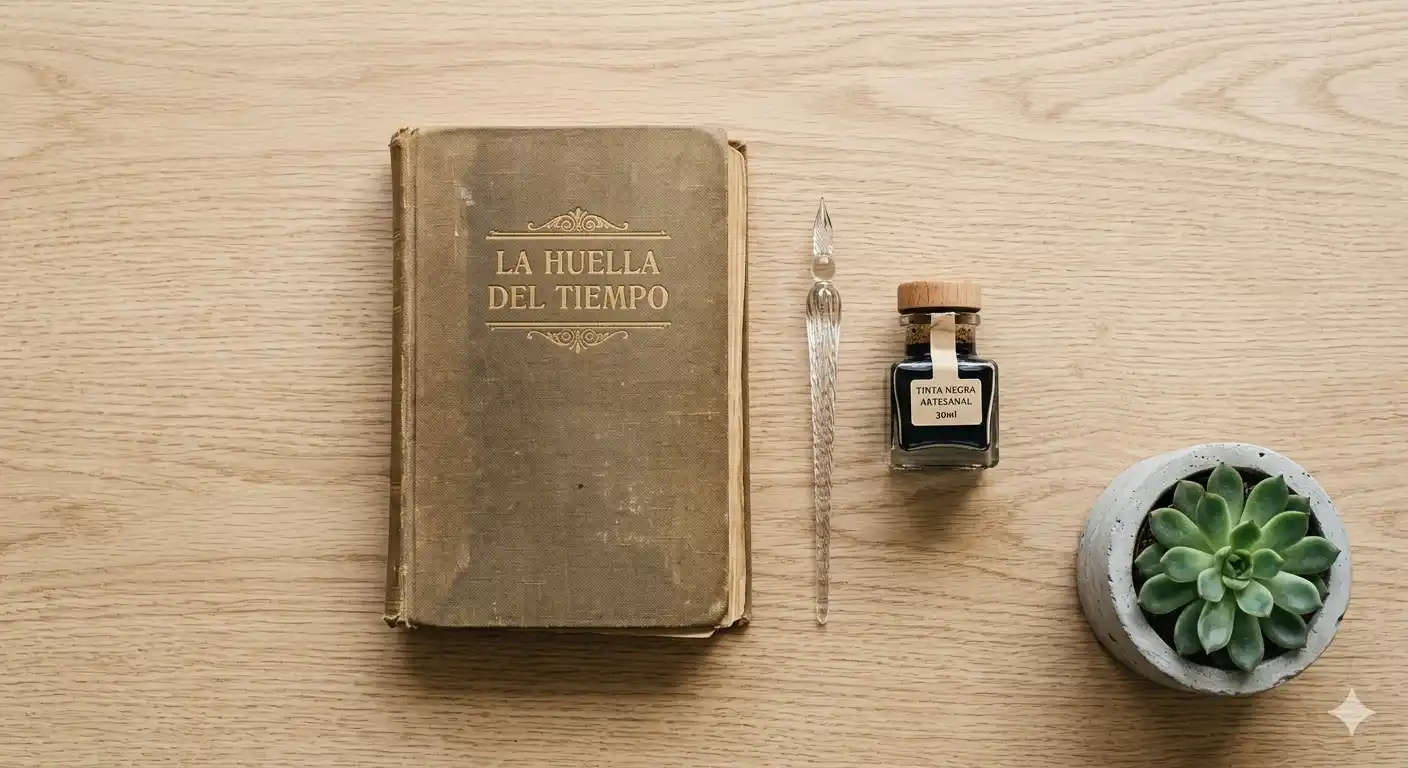 mesa de madera de roble claro, un libro antiguo de lomo de tela, una pluma de cristal, un tintero de diseño sencillo
