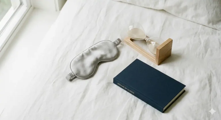 Sobre sábanas de lino blanco mate, un antifaz de seda gris claro, un reloj de arena minimalista de cristal y un libro de tapa dura sin sobrecubierta.