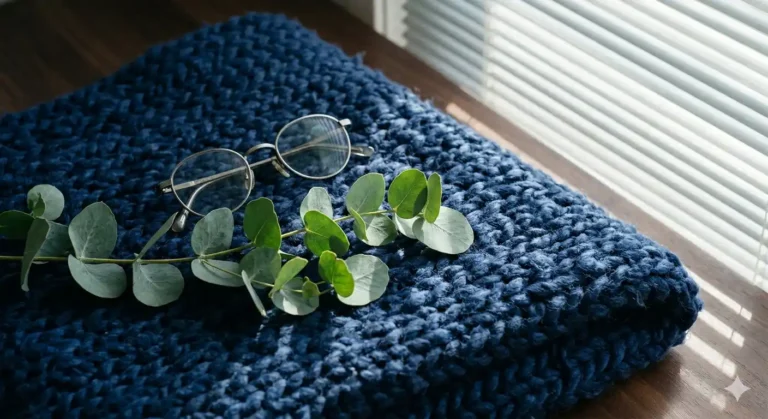 Un rayo de luz natural se filtra a través de una persiana veneciana, iluminando suavemente la textura rugosa de una gruesa manta de lana en tonos azul marino.