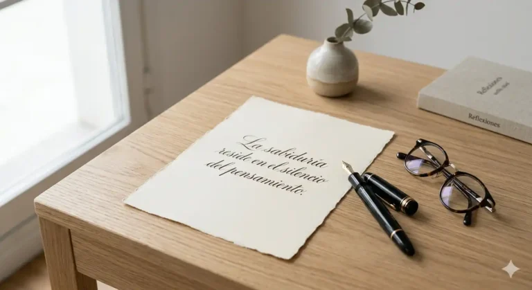 Sobre un escritorio de madera clara se observa una pluma estilográfica de alta gama, un par de gafas de lectura elegantes y una hoja de papel