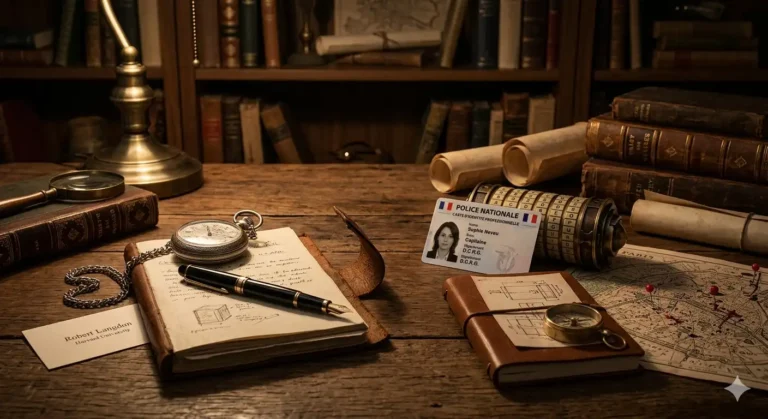 dos perfiles de personajes sugeridos mediante objetos: un reloj de bolsillo de plata y una pluma para Langdon, junto a una tarjeta de identificación policial y un decodificador de discos giratorios para Sophie