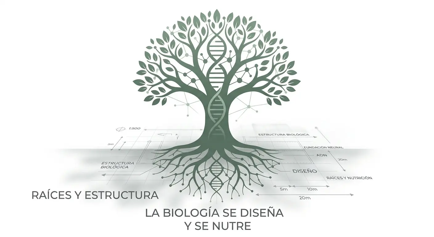 a silueta de un árbol cuyas raíces tienen la forma sutil de una red neuronal o del ADN.