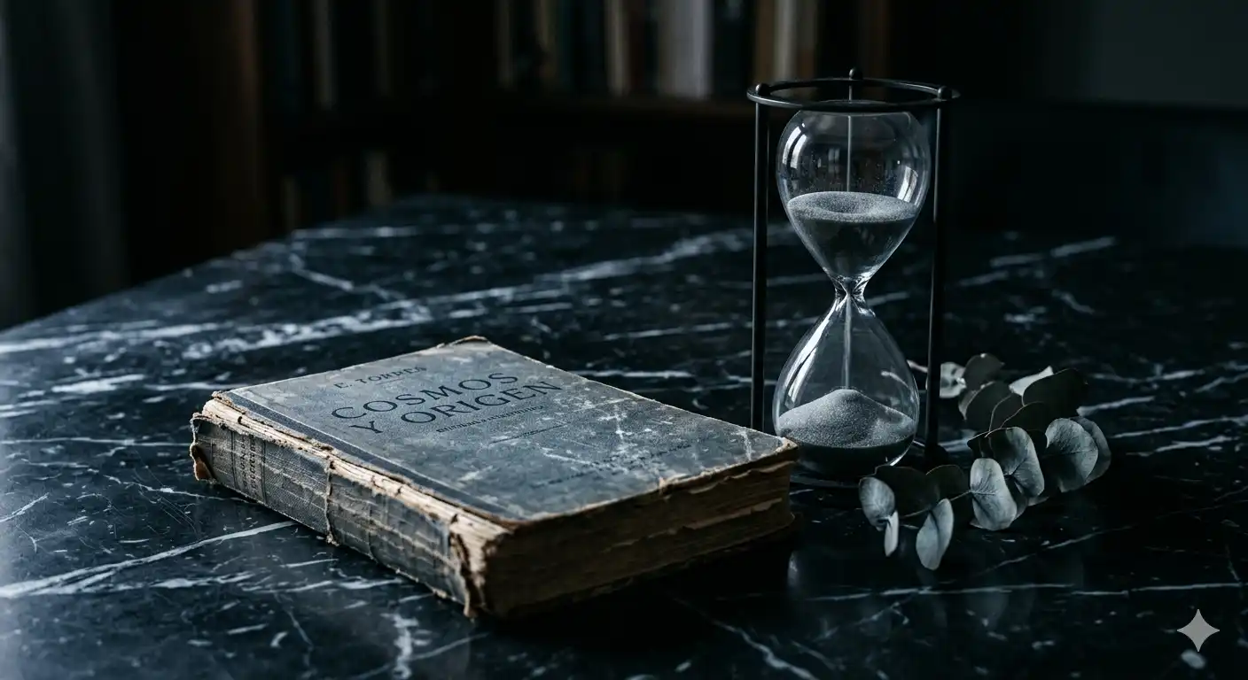 extura de un libro de divulgación científica con páginas desgastadas descansa sobre una mesa de mármol negro veteado.