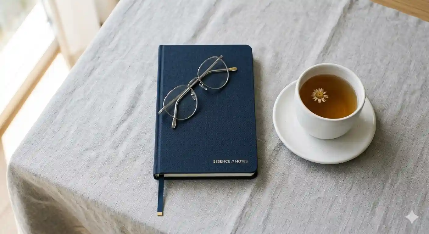 diario de tapas oscuras cerrado, una taza de té de cerámica blanca mate y unas gafas de lectura de montura metálica fina.