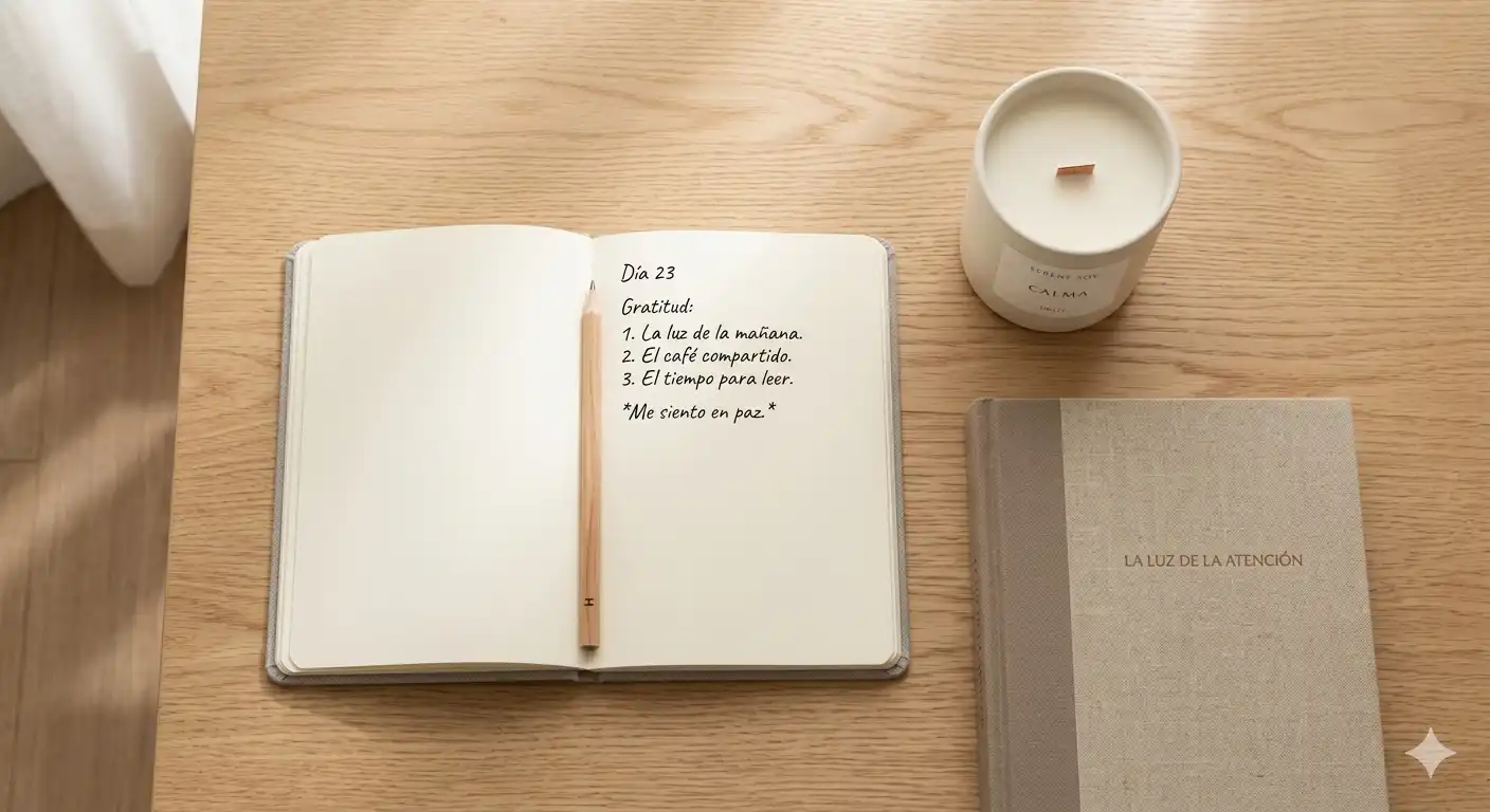 mesa de noche de roble claro, se observa un diario de gratitud abierto, un lápiz de madera, una vela de cera de soja apagada