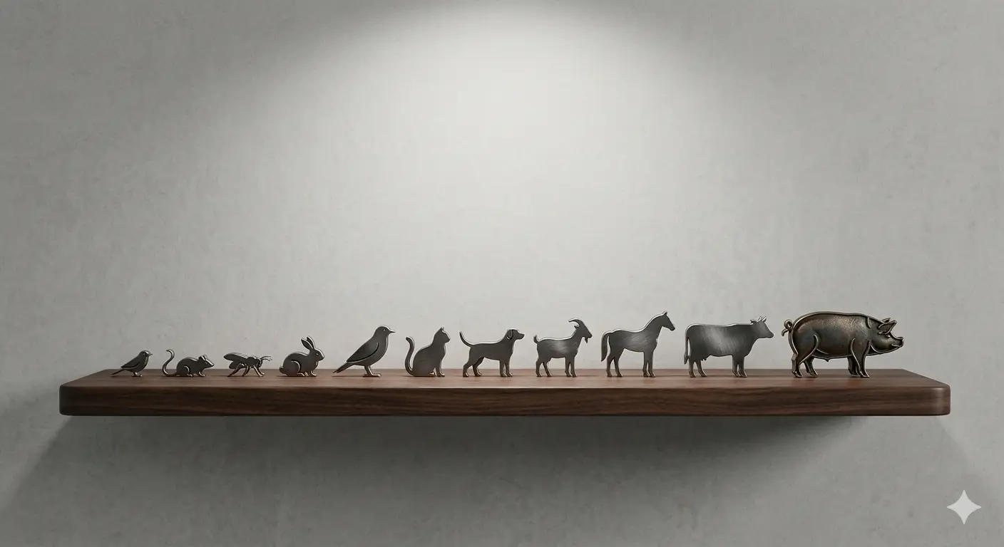 hilera de diez pequeñas siluetas metálicas de animales alineadas sobre un estante de madera oscura.