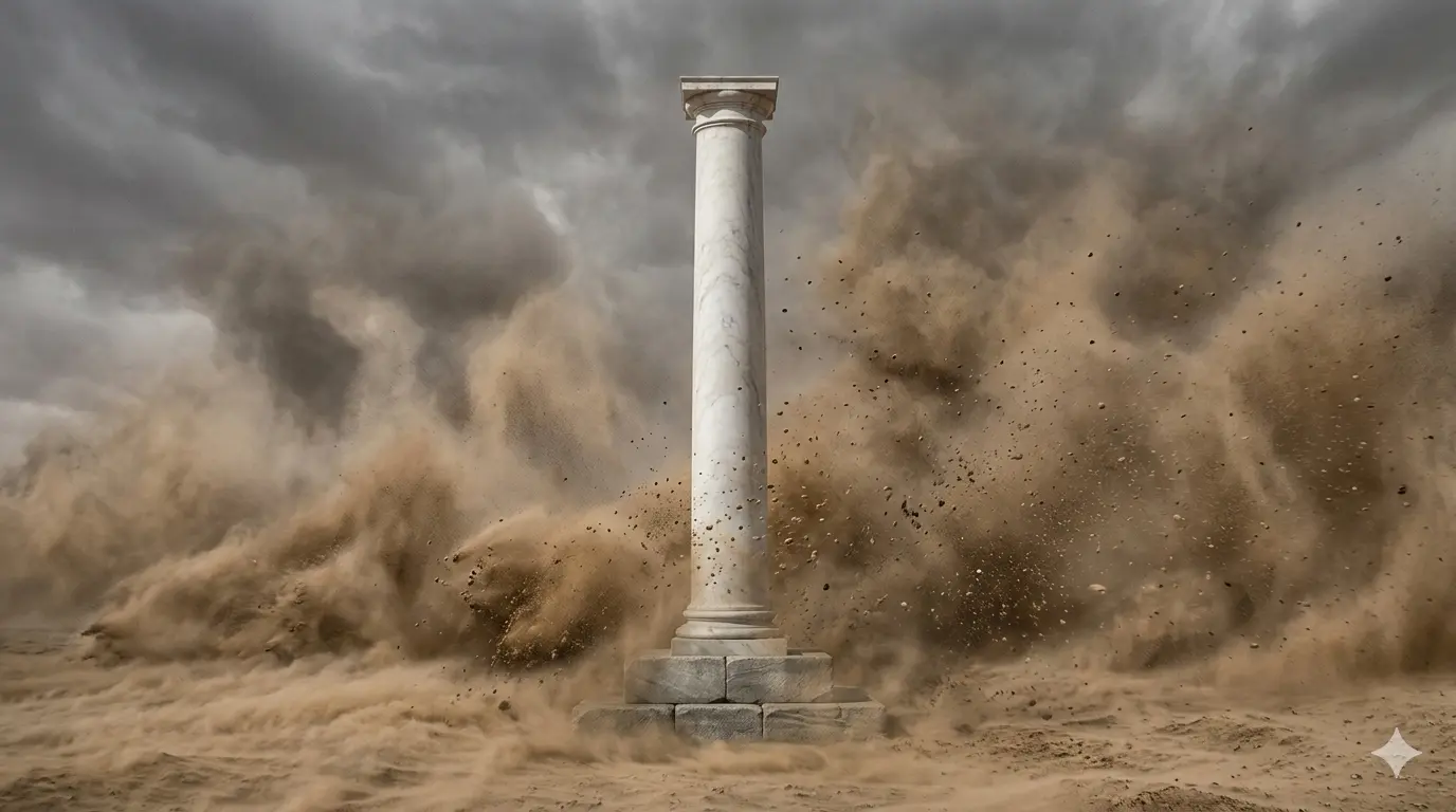 una columna de mármol solitaria y perfecta en medio de una tormenta de arena