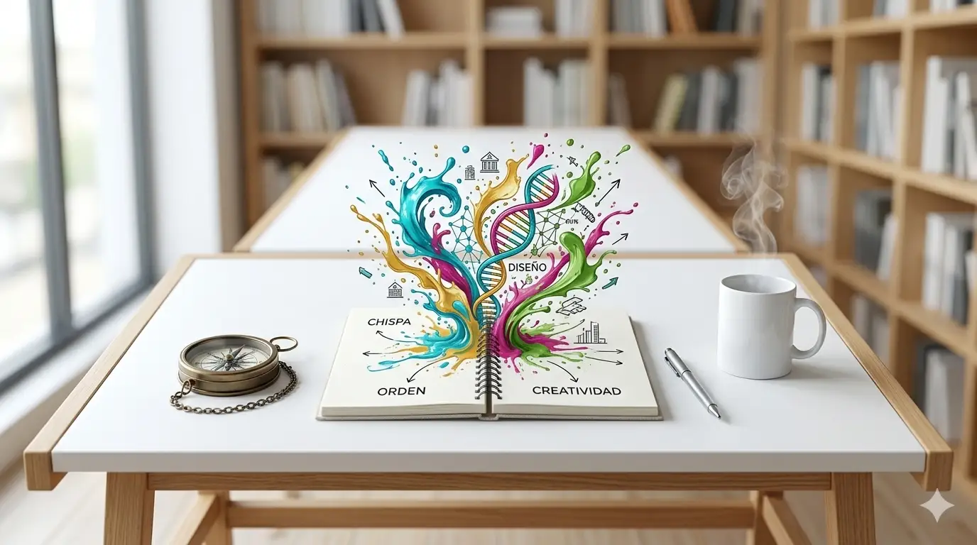 una mesa de dibujo blanca y pura. Sobre ella, un solo cuaderno abierto con un boceto vibrante y colorido que parece estar "saltando" de las páginas