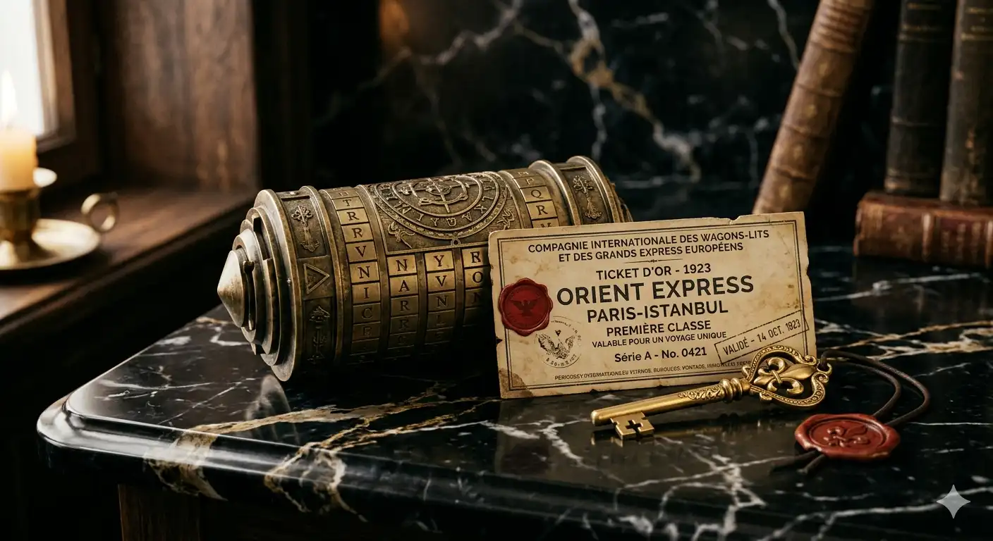 criptex de latón finamente detallado junto a un billete de tren europeo antiguo y una pequeña llave dorada con un sello de flor de lis
