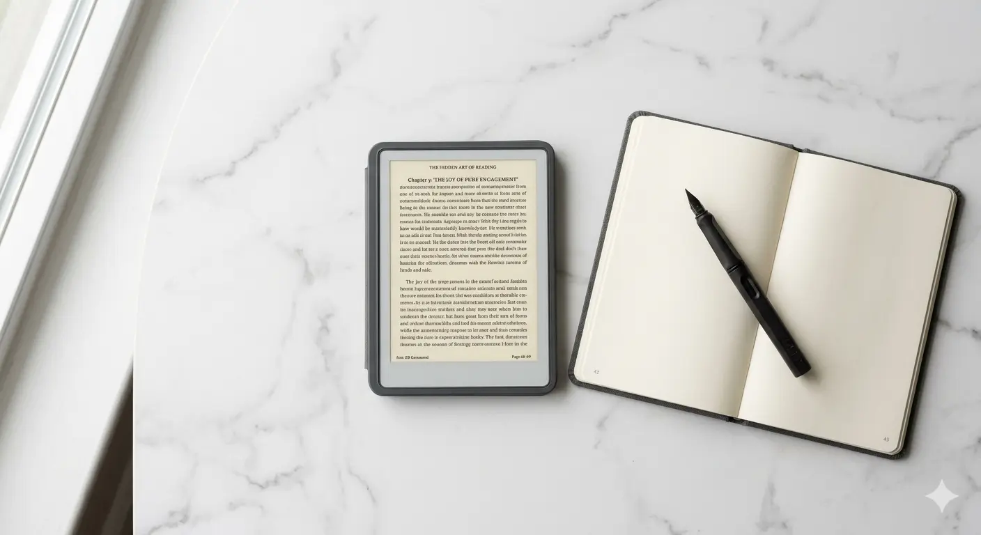 superficie de mármol blanco mate, un e-reader encendido junto a un cuaderno de hojas lisas y una pluma estilográfica negra