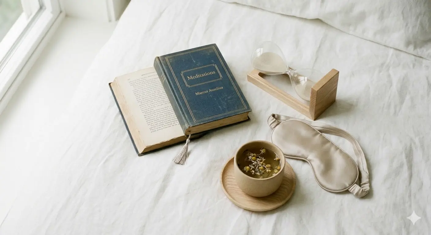 sábanas de algodón orgánico en color blanco roto, descansa un antifaz de seda color arena, una taza de cerámica mate con infusión y un libro clásico