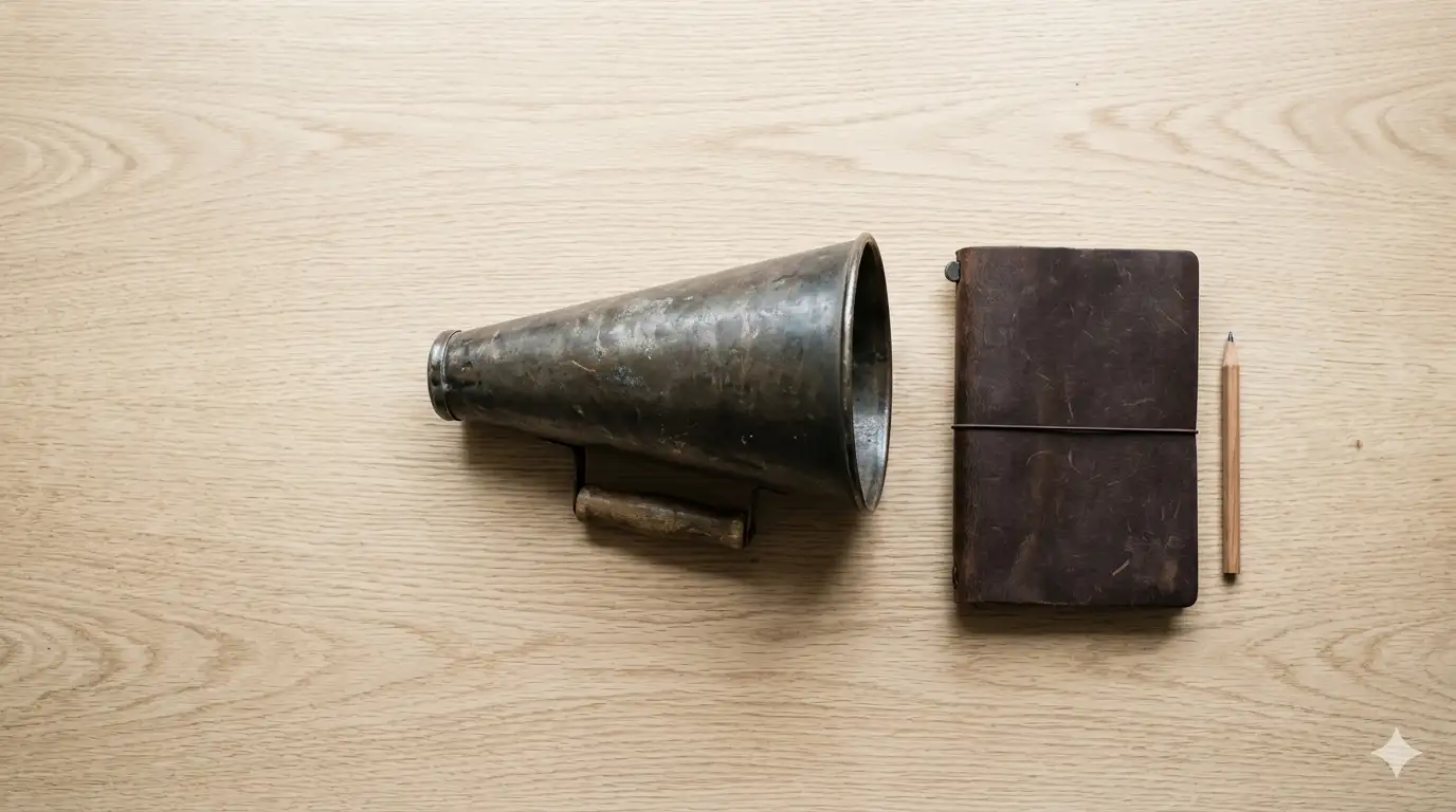 megáfono vintage de metal desgastado junto a una libreta de notas de cuero oscuro y un lápiz