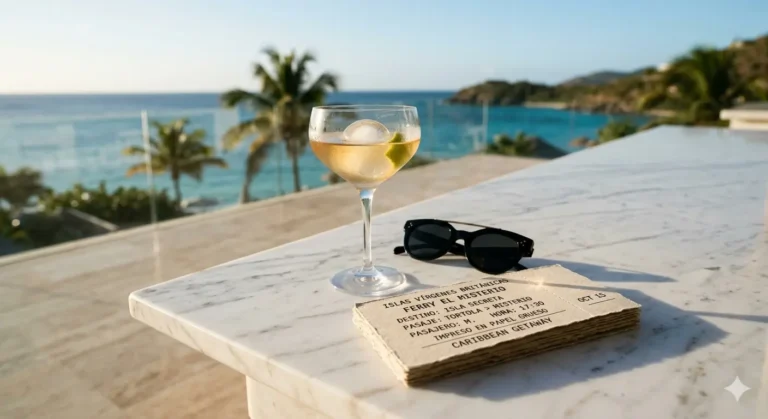 na copa de cóctel de cristal fino a medio beber, junto a unas gafas de sol de diseño elegante y un billete de ferry