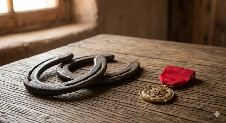 par de herraduras de hierro pesadas y gastadas colocadas sobre una mesa de madera rústica, junto a una medalla militar de cinta roja.