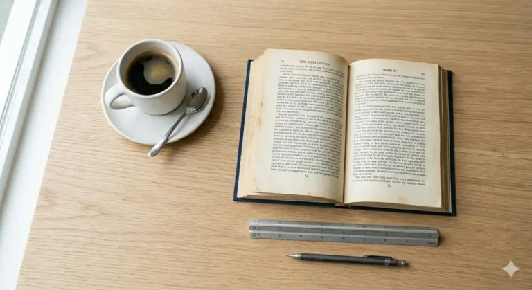 escritorio de madera clara, un libro clásico de tapa dura abierto