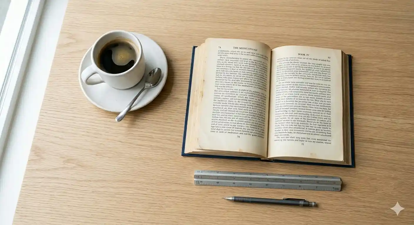 escritorio de madera clara, un libro clásico de tapa dura abierto