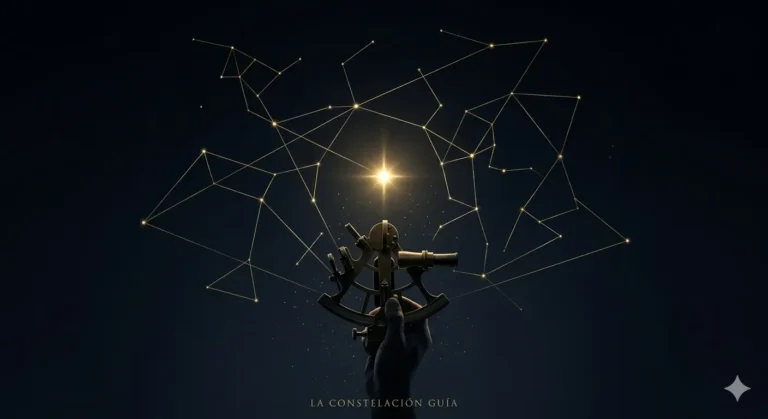 cielo nocturno profundo, se ven constelaciones formadas por líneas finas y doradas que conectan puntos de luz.