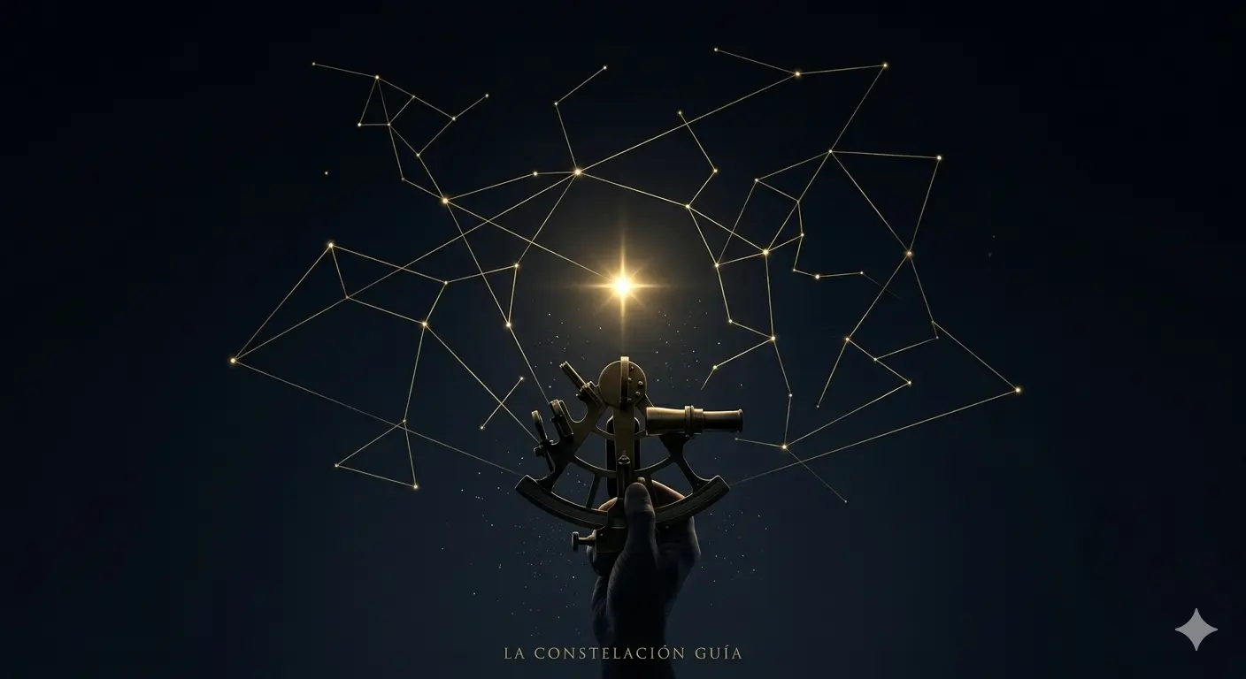 cielo nocturno profundo, se ven constelaciones formadas por líneas finas y doradas que conectan puntos de luz.