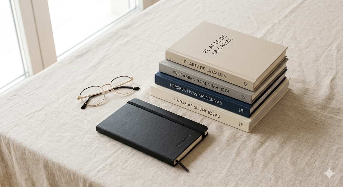 Sobre una mesa de lino color arena, una pila ordenada de libros modernos, unas gafas de lectura de montura fina y una libreta de notas Moleskine.