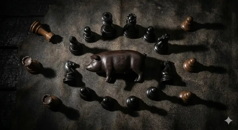 piezas de ajedrez clásicas rodeando a un cerdo tallado en madera noble