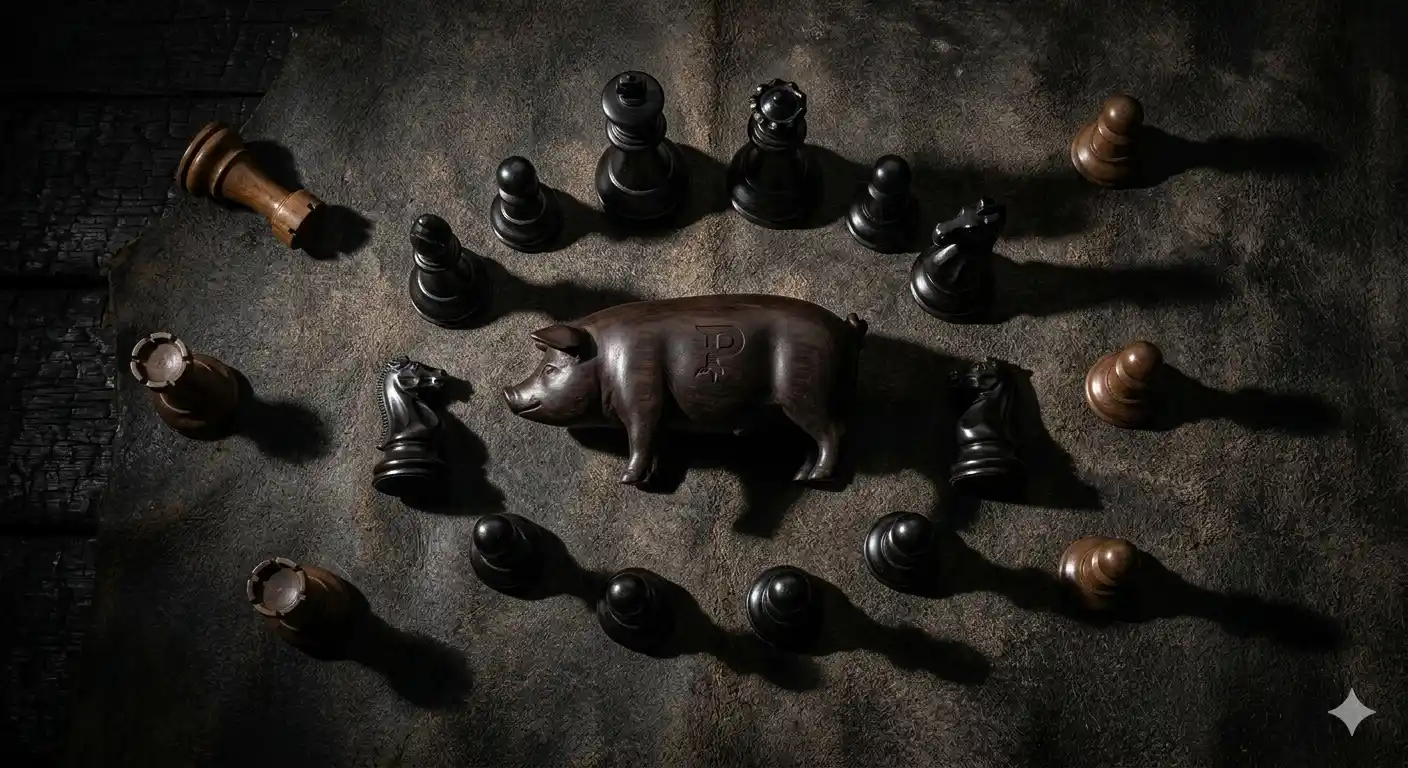 piezas de ajedrez clásicas rodeando a un cerdo tallado en madera noble