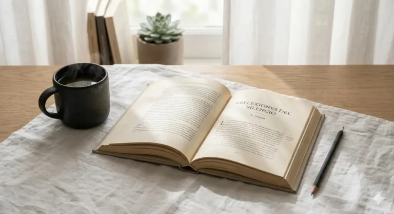 mesa de madera clara y una tela de lino blanco descansa un libro abierto con tipografía serif.