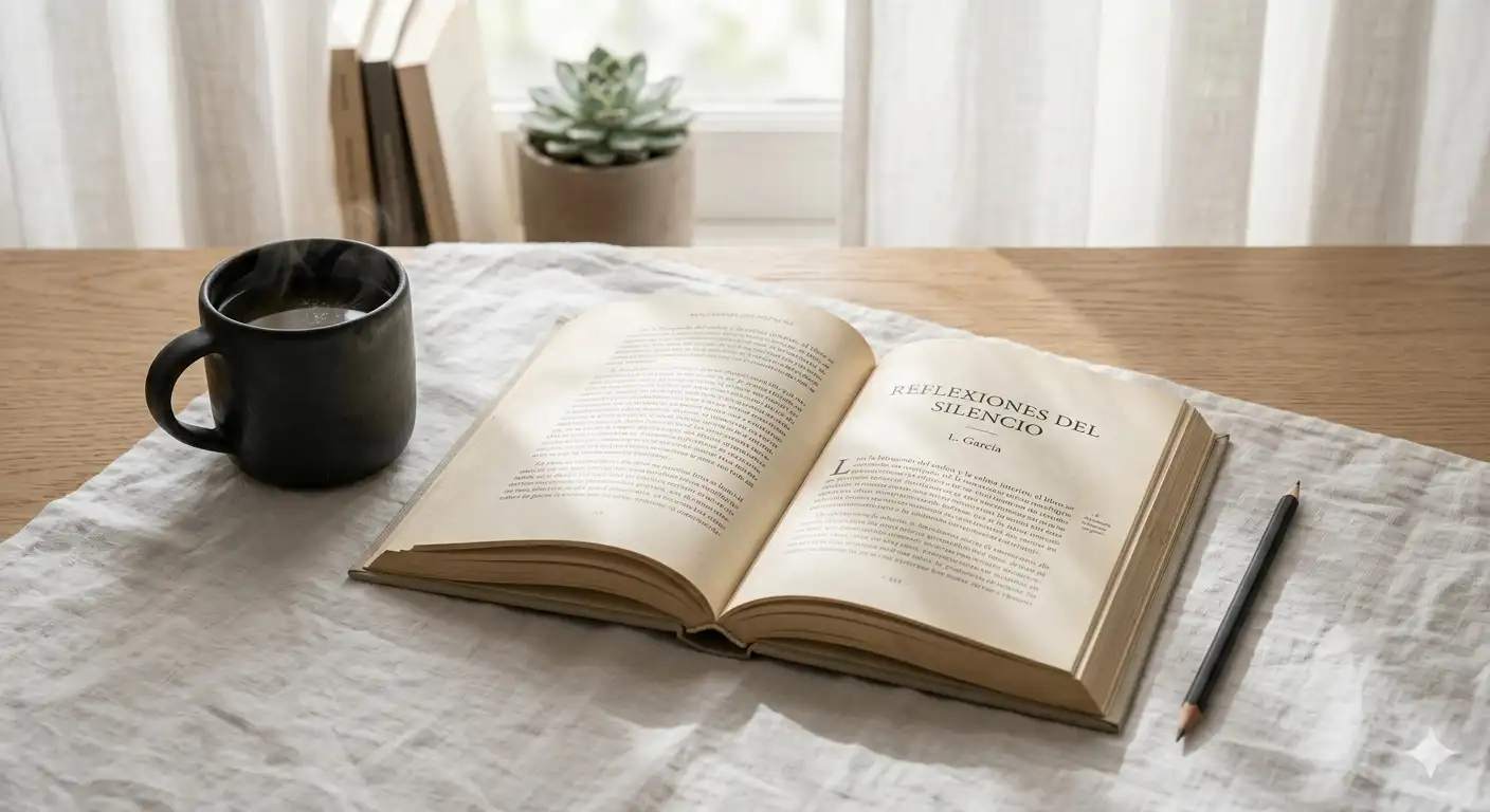mesa de madera clara y una tela de lino blanco descansa un libro abierto con tipografía serif.
