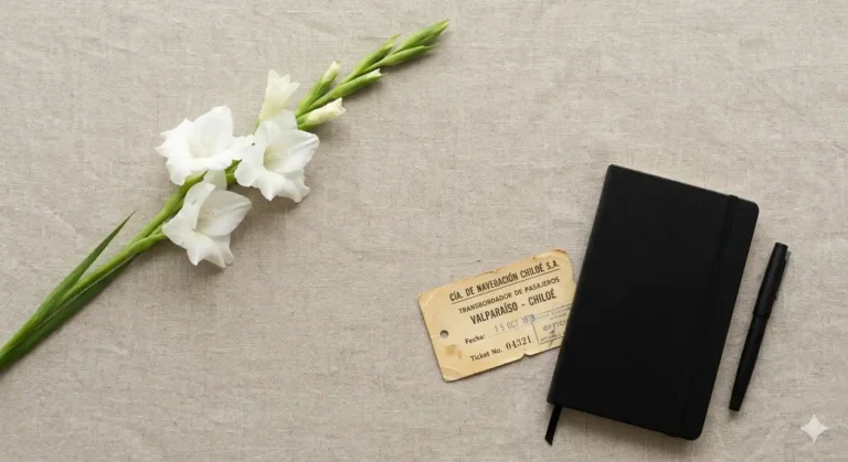 único gladiolo blanco fresco, un billete de transbordador antiguo y una libreta Moleskine