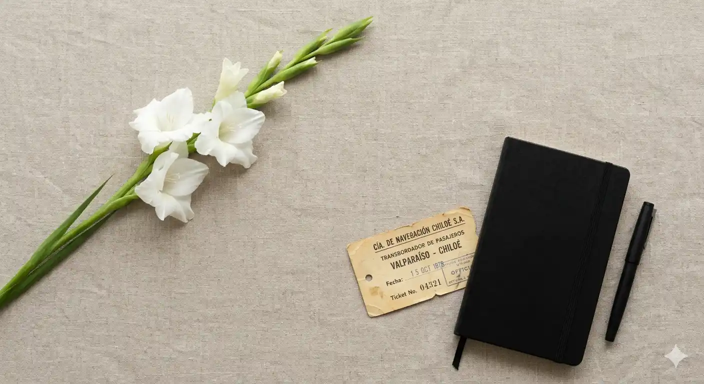 único gladiolo blanco fresco, un billete de transbordador antiguo y una libreta Moleskine