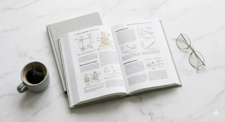 obre una mesa de mármol blanco veteado descansa un libro de neurociencia abierto, encuadernado en lino gris claro. A su lado, unas gafas de montura metálic