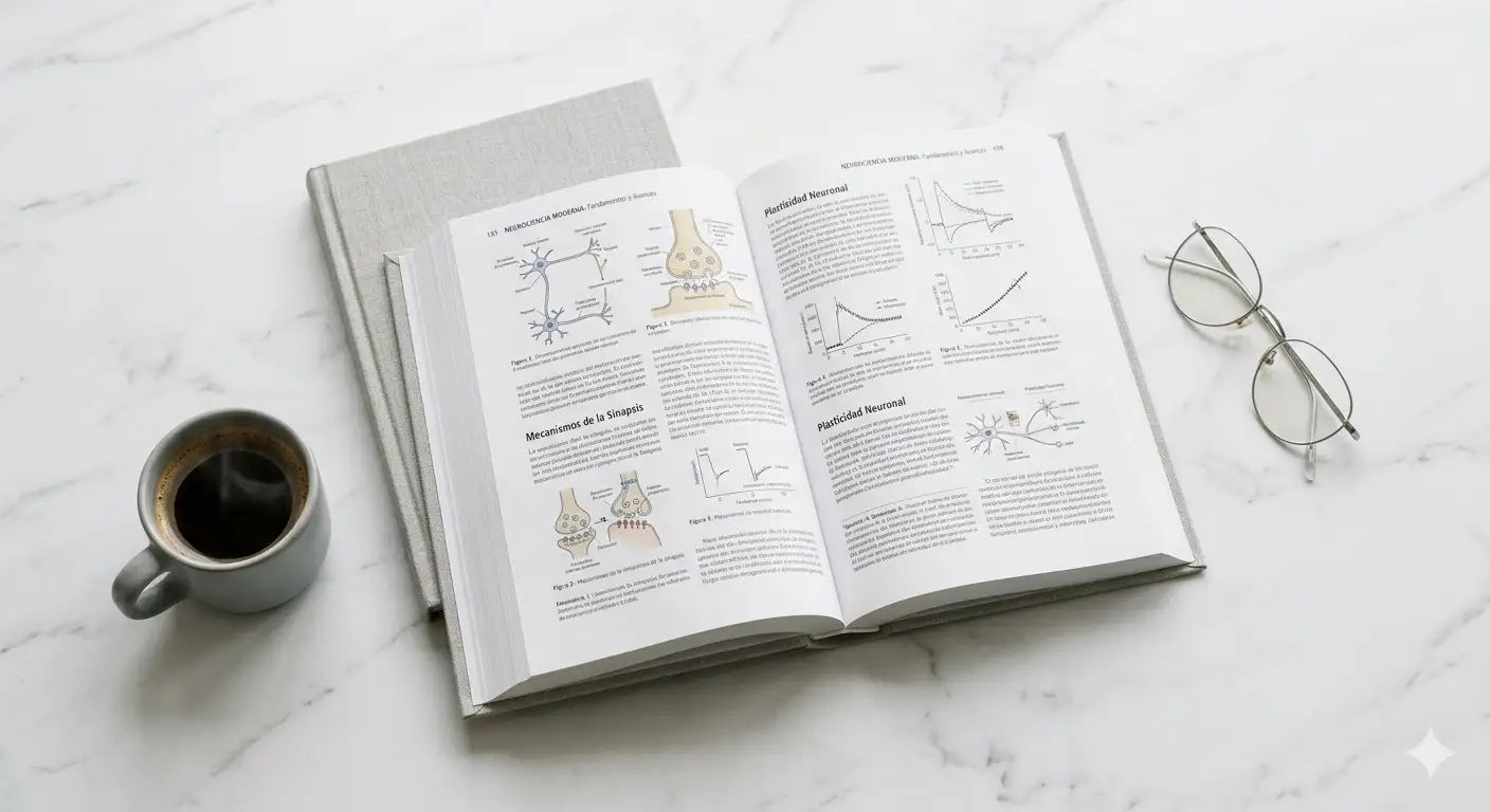 obre una mesa de mármol blanco veteado descansa un libro de neurociencia abierto, encuadernado en lino gris claro. A su lado, unas gafas de montura metálic