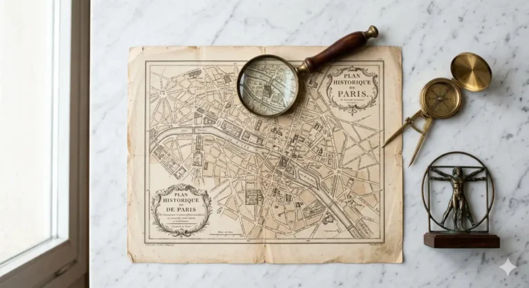 plano antiguo de París desplegado parcialmente, una lupa clásica con mango de madera, un compás de latón y una reproducción en miniatura del Hombre de Vitruvio.