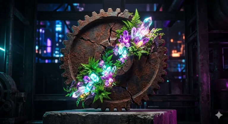 Se ve un engranaje de acero oxidado del que, a través de sus fisuras, brotan cristales de cuarzo brillantes y plantas verdes vibrantes.