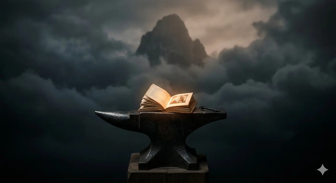 n yunque de metal oscuro sobre el cual descansa un libro abierto con páginas iluminadas con un tono cálido