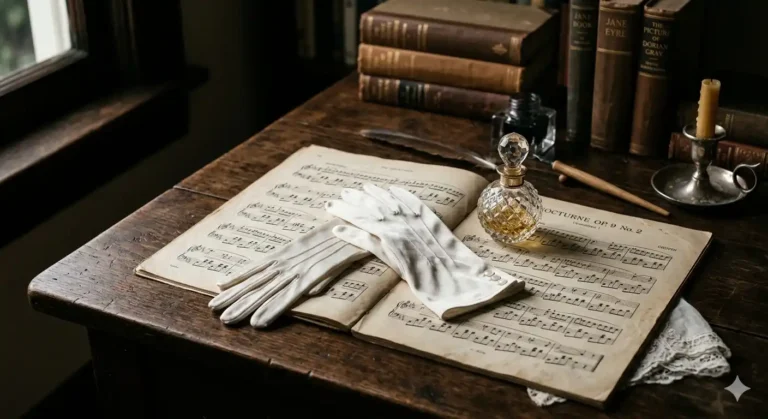 En el centro, un par de guantes de seda blanca junto a una partitura musical antigua y un pequeño frasco