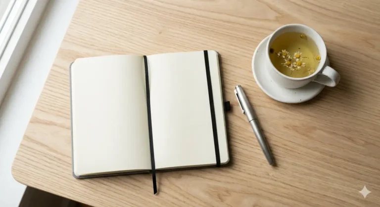 mesa de madera de fresno claro, una libreta Moleskine de tapas grises, una pluma estilográfica de metal mate y una taza de cerámica blanca con té de manzanilla