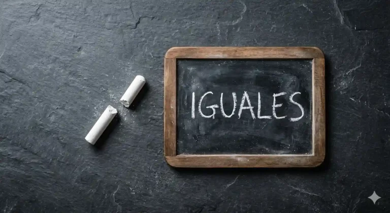 iza blanca partida en dos junto a una pizarra pequeña donde solo se lee la palabra "IGUALES"