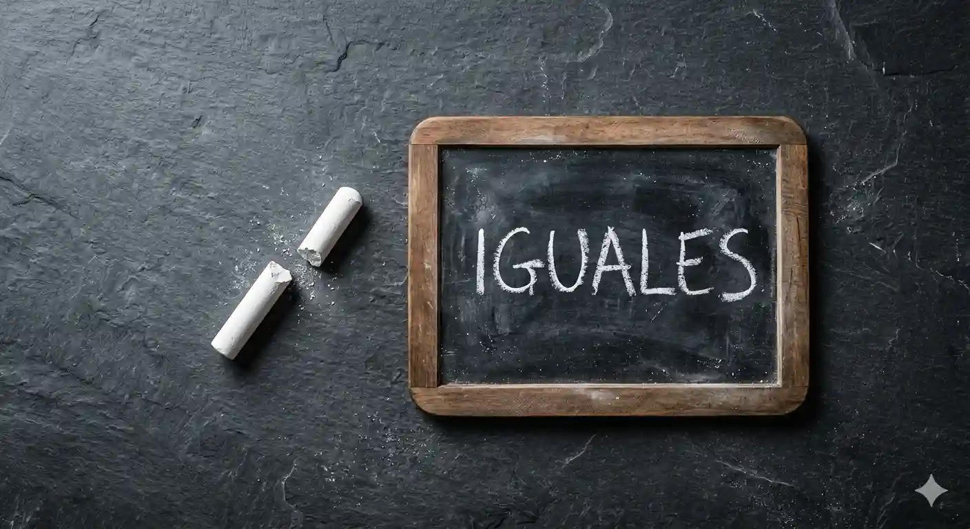 iza blanca partida en dos junto a una pizarra pequeña donde solo se lee la palabra "IGUALES"