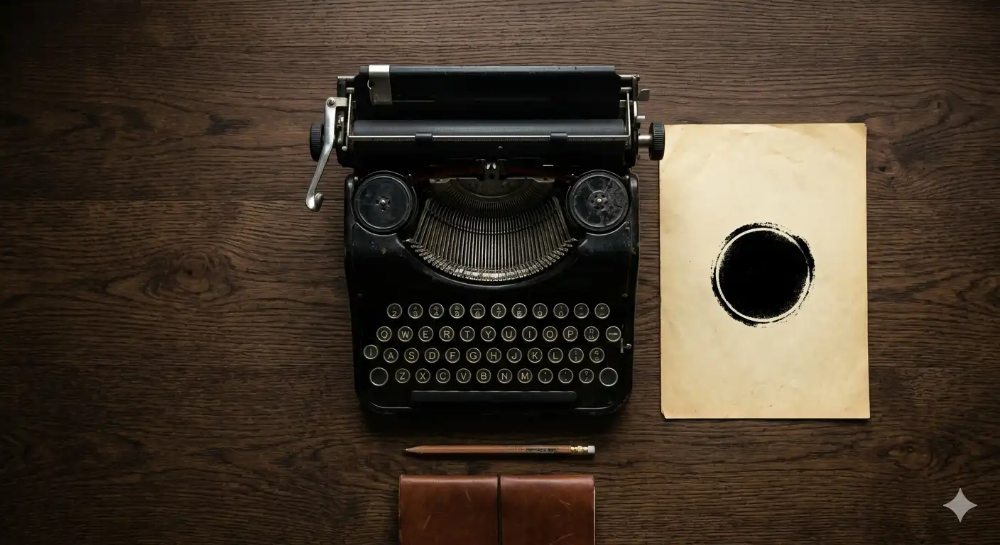 máquina de escribir manual negra sobre un escritorio de roble oscuro