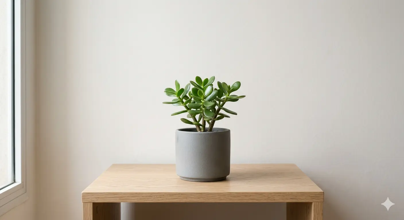 pequeña planta de jade en una maceta de cerámica gris mate sobre una mesa de madera clara