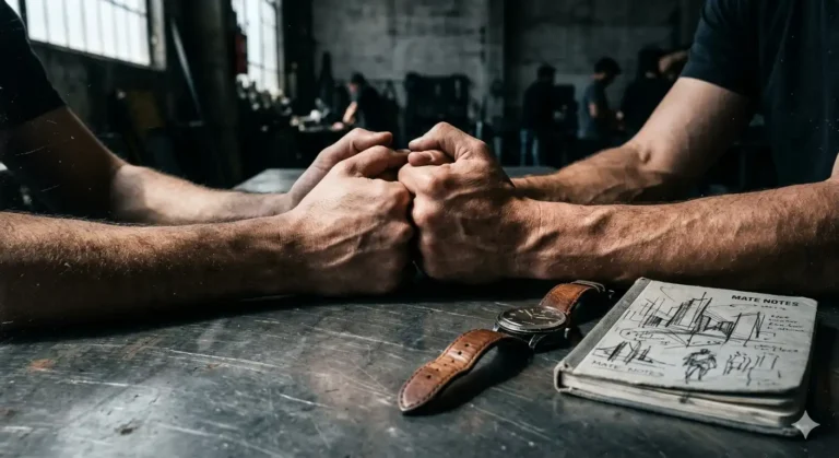 Unas manos entrelazadas con firmeza sobre una mesa de metal mate industrial. Al lado, un reloj de pulsera de cuero desgastado y una pequeña libreta de notas con bocetos a lápiz.